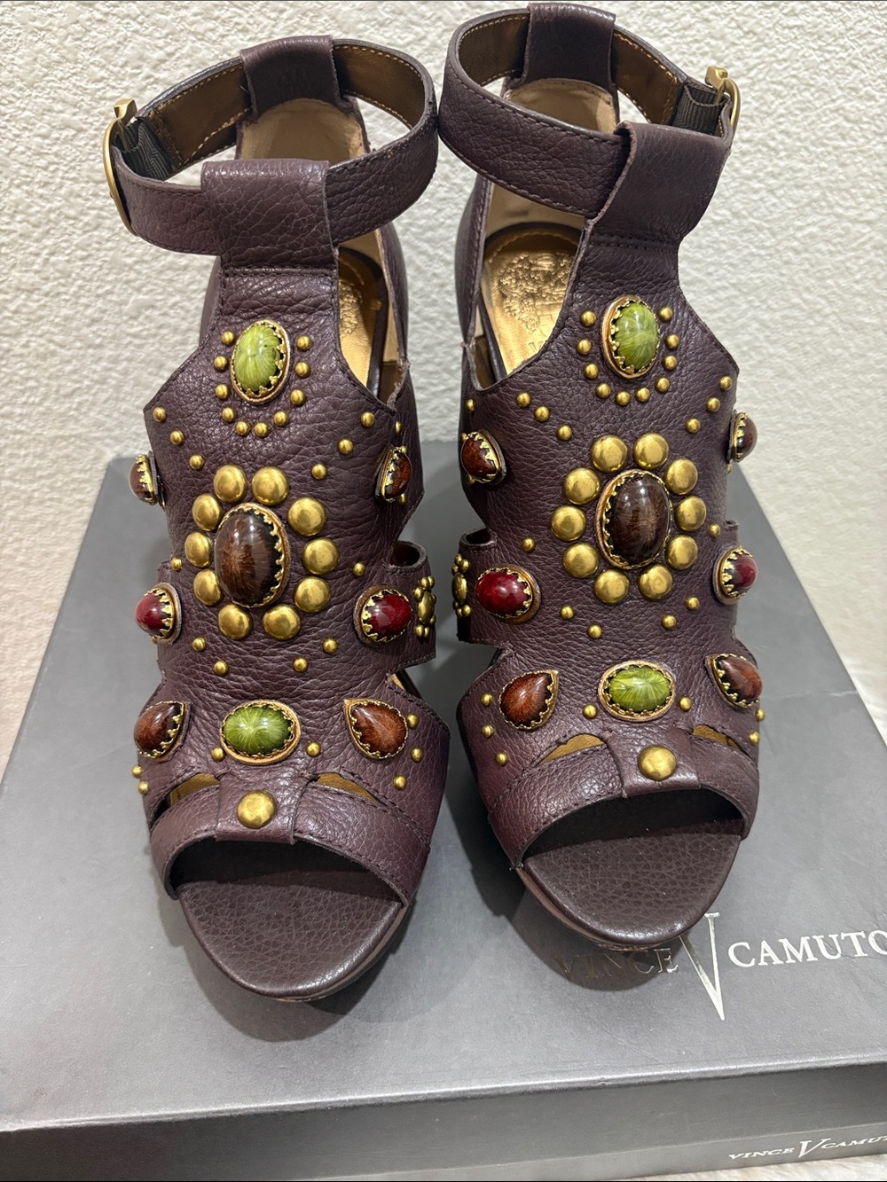 Vince Camuto Dark Brown Jeweled Leather Ankle Strap Heels